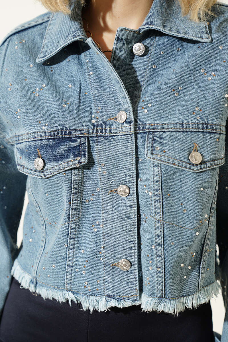 Taş Süslemeli Püsküllü  Crop Ceket