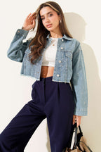 Taş Süslemeli Püsküllü Kot Crop Ceket Mavi