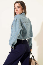Taş Süslemeli Püsküllü Kot Crop Ceket Mavi