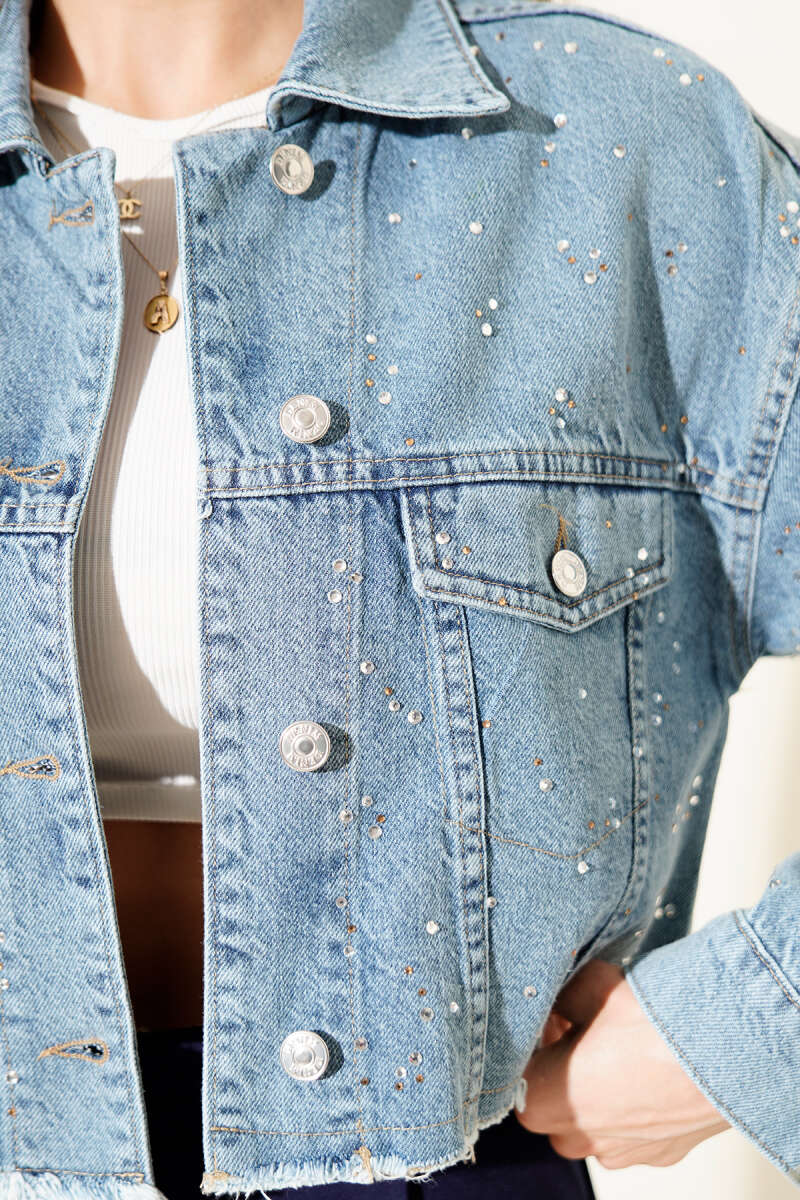 Taş Süslemeli Püsküllü Kot Crop Ceket Mavi