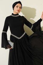 Taş Süslemeli Şifon Abiye Elbise Siyah