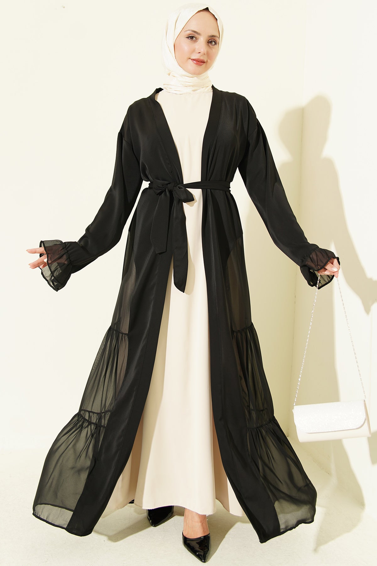Pleated Abaya Set with Gathered Detail Oil Green