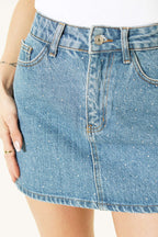 Taşlı Mini Kot Etek Mavi