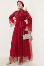 Taşlı Tül Pelerinli Abaya