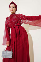 Taşlı Tül Pelerinli Abaya