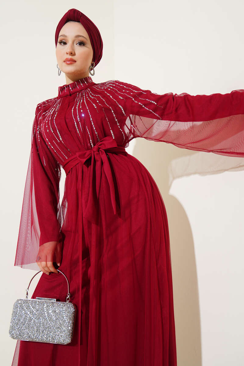 Taşlı Tül Pelerinli Abaya