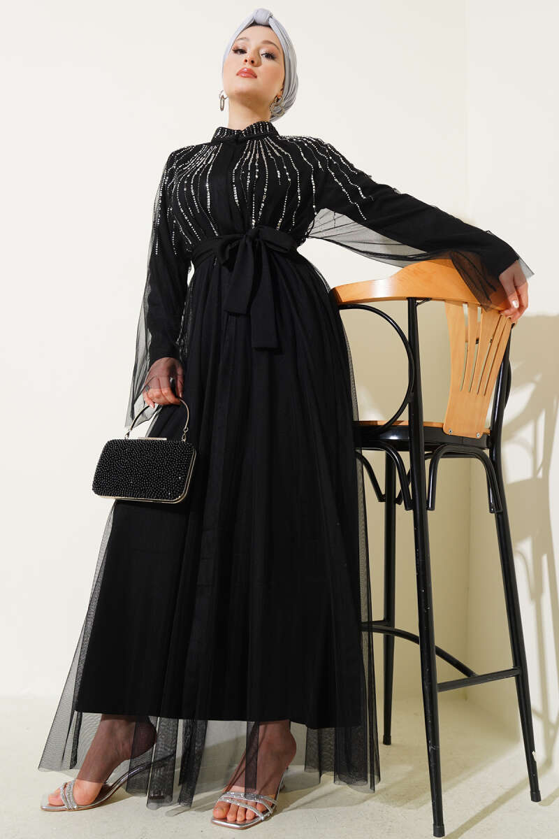 Taşlı Tül Pelerinli Abaya
