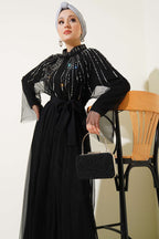 Taşlı Tül Pelerinli Abaya