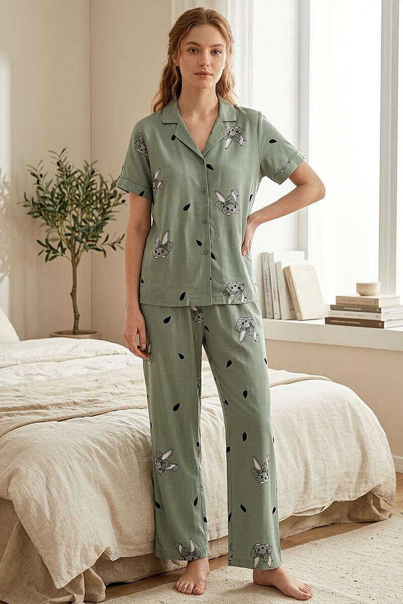 Tavşan Baskılı Gömlek Yaka Kısa Kol Pijama Takımı Çağla Yeşili