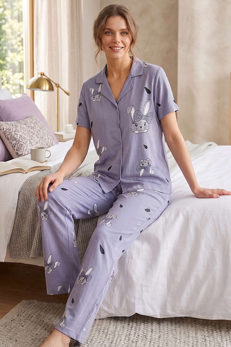 Tavşan Baskılı Gömlek Yaka Kısa Kol Pijama Takımı Gri