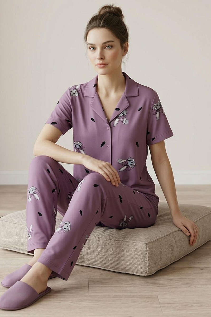 Tavşan Baskılı Gömlek Yaka Kısa Kol Pijama Takımı Lila