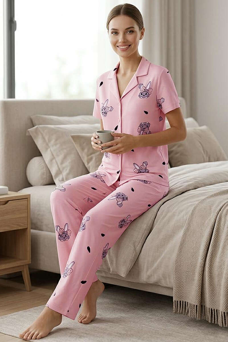Tavşan Baskılı Gömlek Yaka Kısa Kol Pijama Takımı