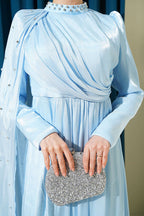 Tek Omuz Pelerinli Taşlı Abiye Elbise Bebe Mavi
