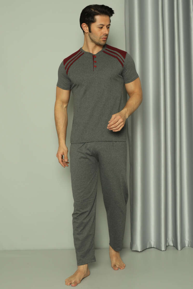 Üç Düğmeli Ekose Detaylı Kısa Kol Erkek Pijama Takımı