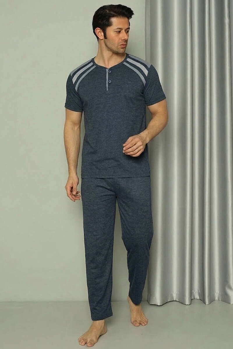 Üç Düğmeli Ekose Detaylı Kısa Kol Erkek Pijama Takımı