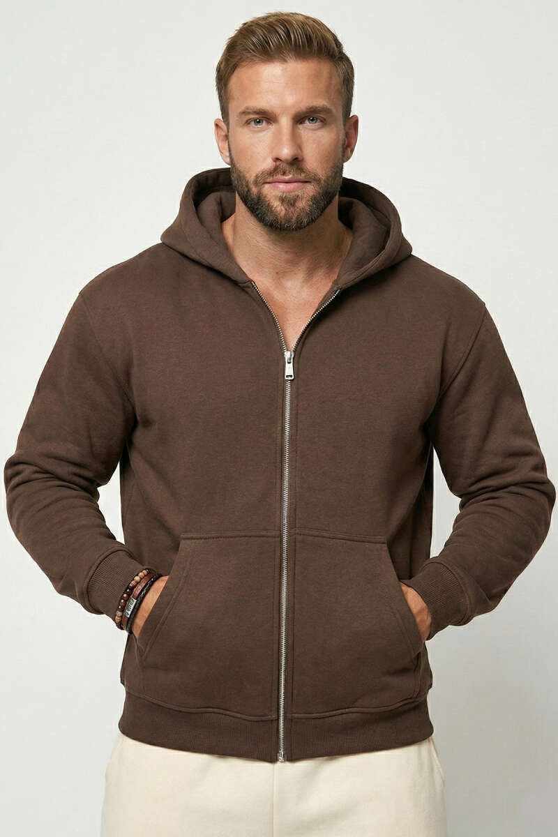 Üç İplik Kapüşonlu Fermuarlı Erkek Hırka