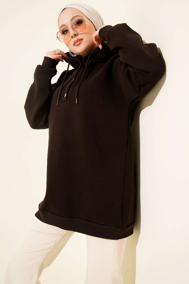 Üç İplik Yarım Çıtçıtlı Sweatshirt Acı Kahve