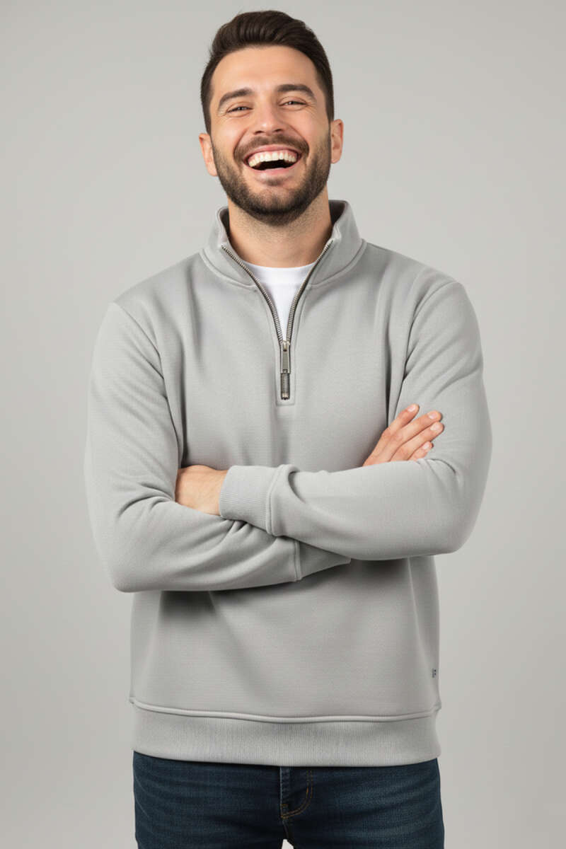 Üç İplik Yarım Fermuar Erkek Sweatshirt Gri