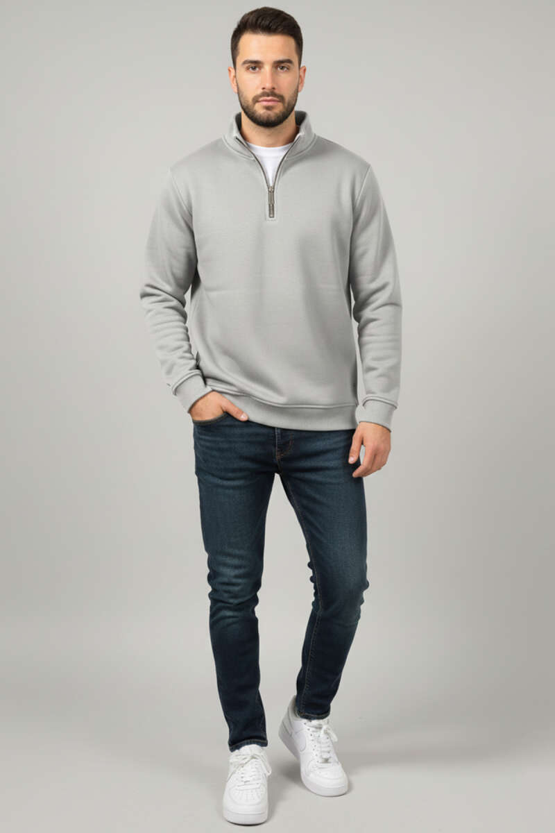 Üç İplik Yarım Fermuar Erkek Sweatshirt Gri