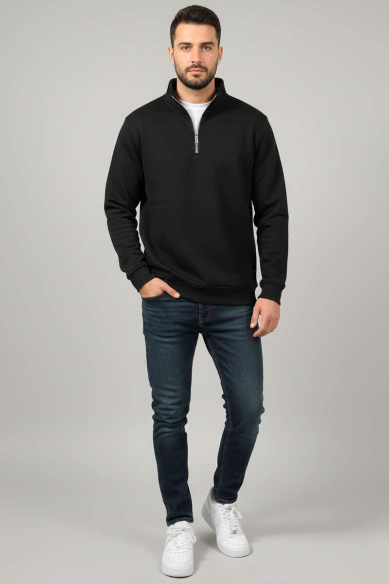 Üç İplik Yarım Fermuar Erkek Sweatshirt Siyah