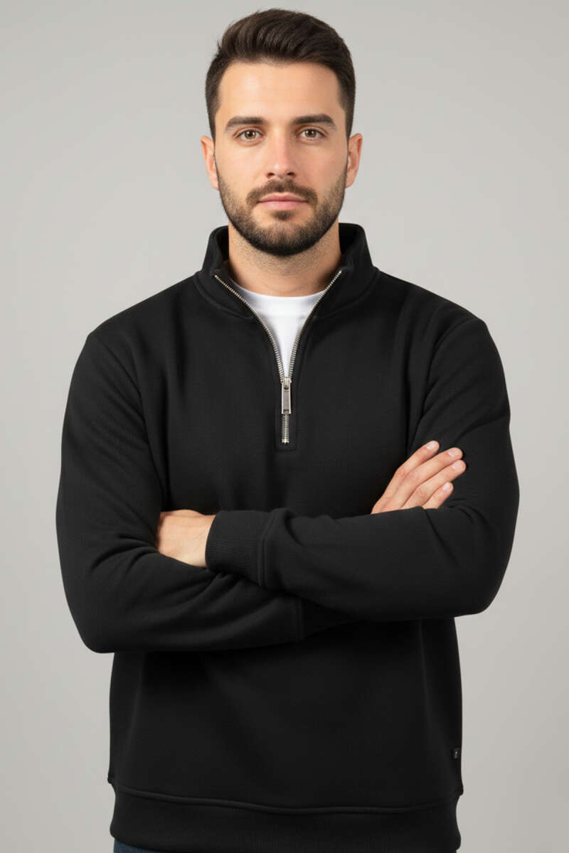 Üç İplik Yarım Fermuar Erkek Sweatshirt Siyah