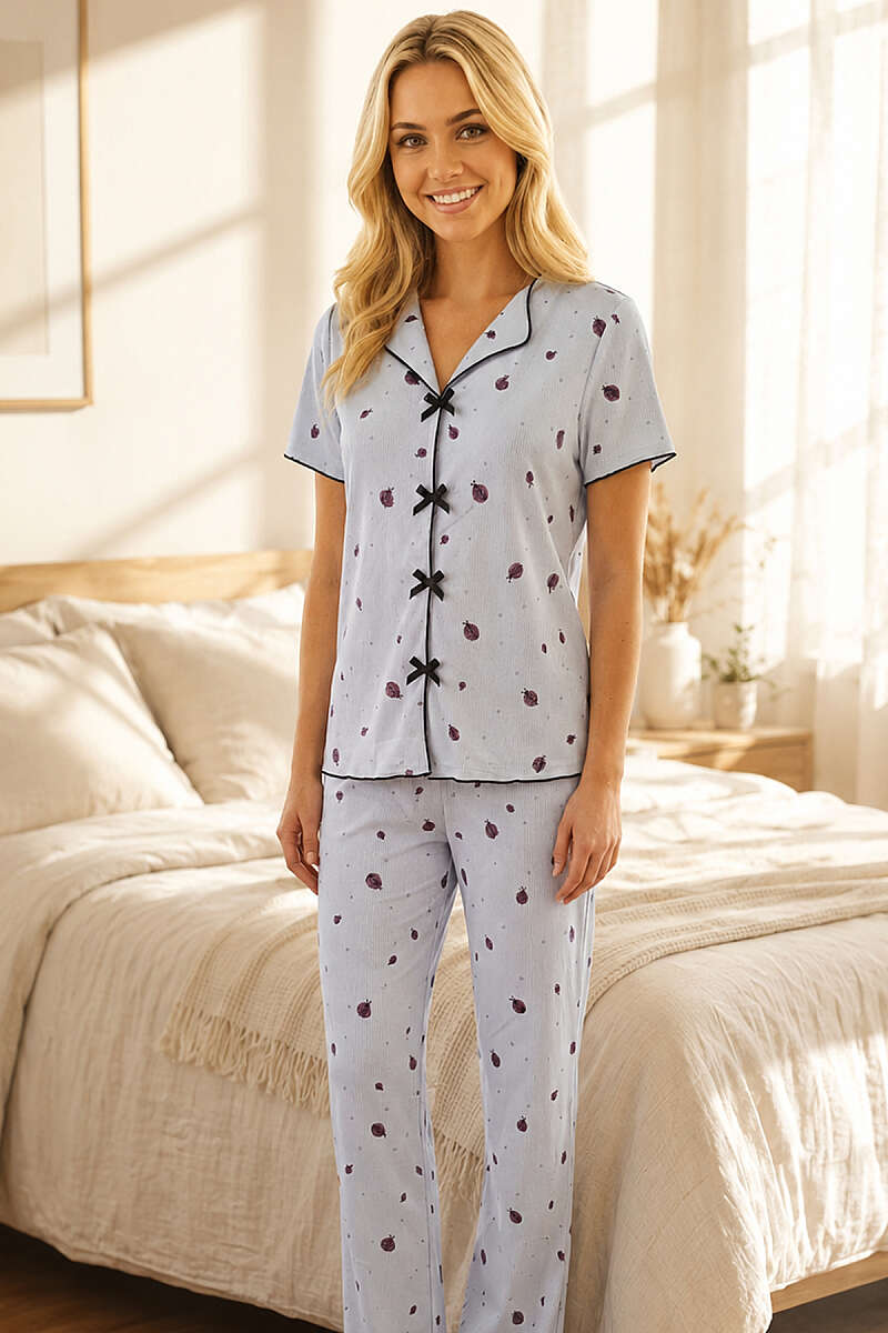 Uğur Böcekli Kısa Kollu Pijama Takımı Bebe Mavi