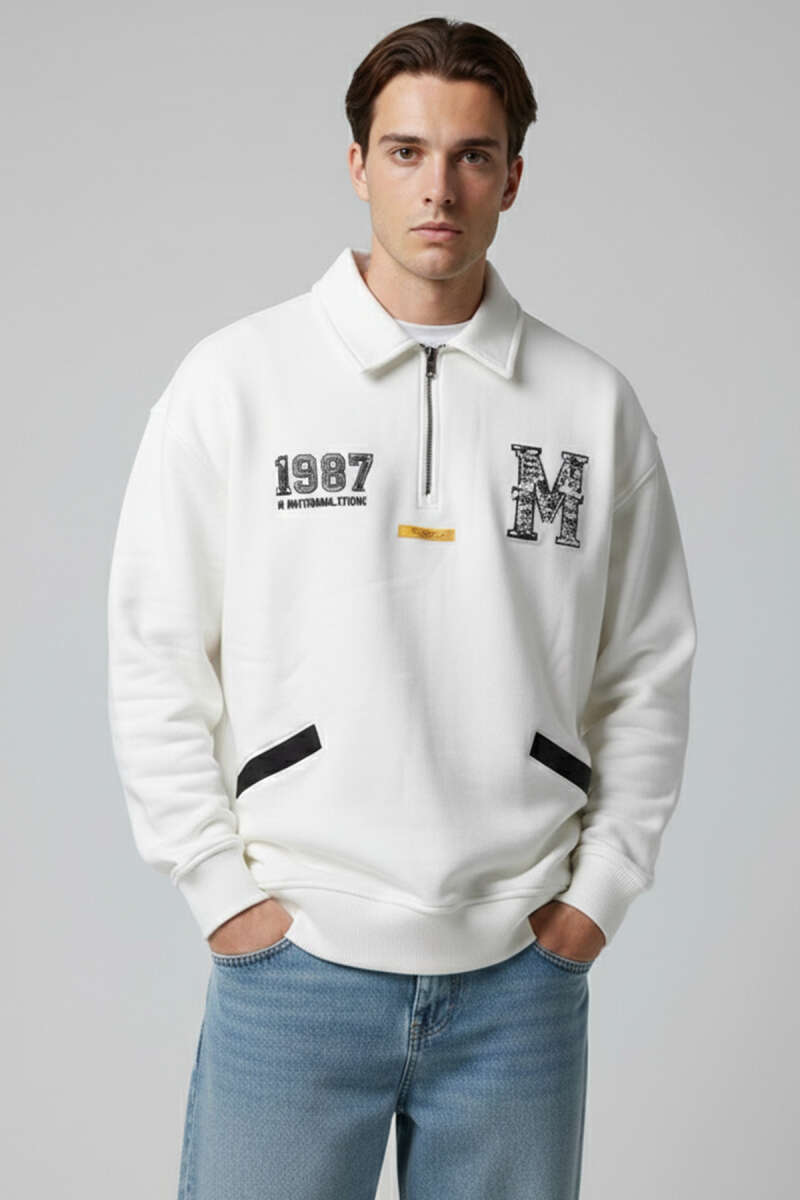 Universal Nakışlı Fermuarlı Erkek Sweatshirt