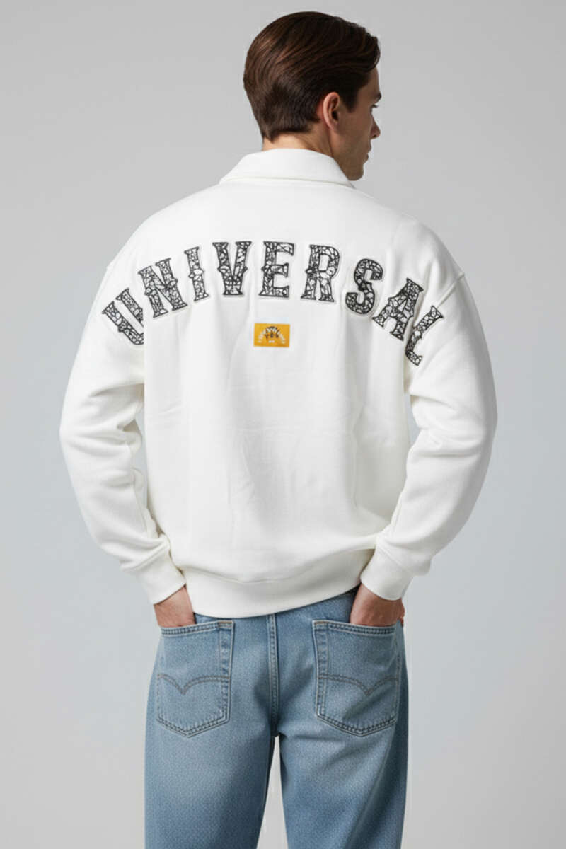 Universal Nakışlı Fermuarlı Erkek Sweatshirt