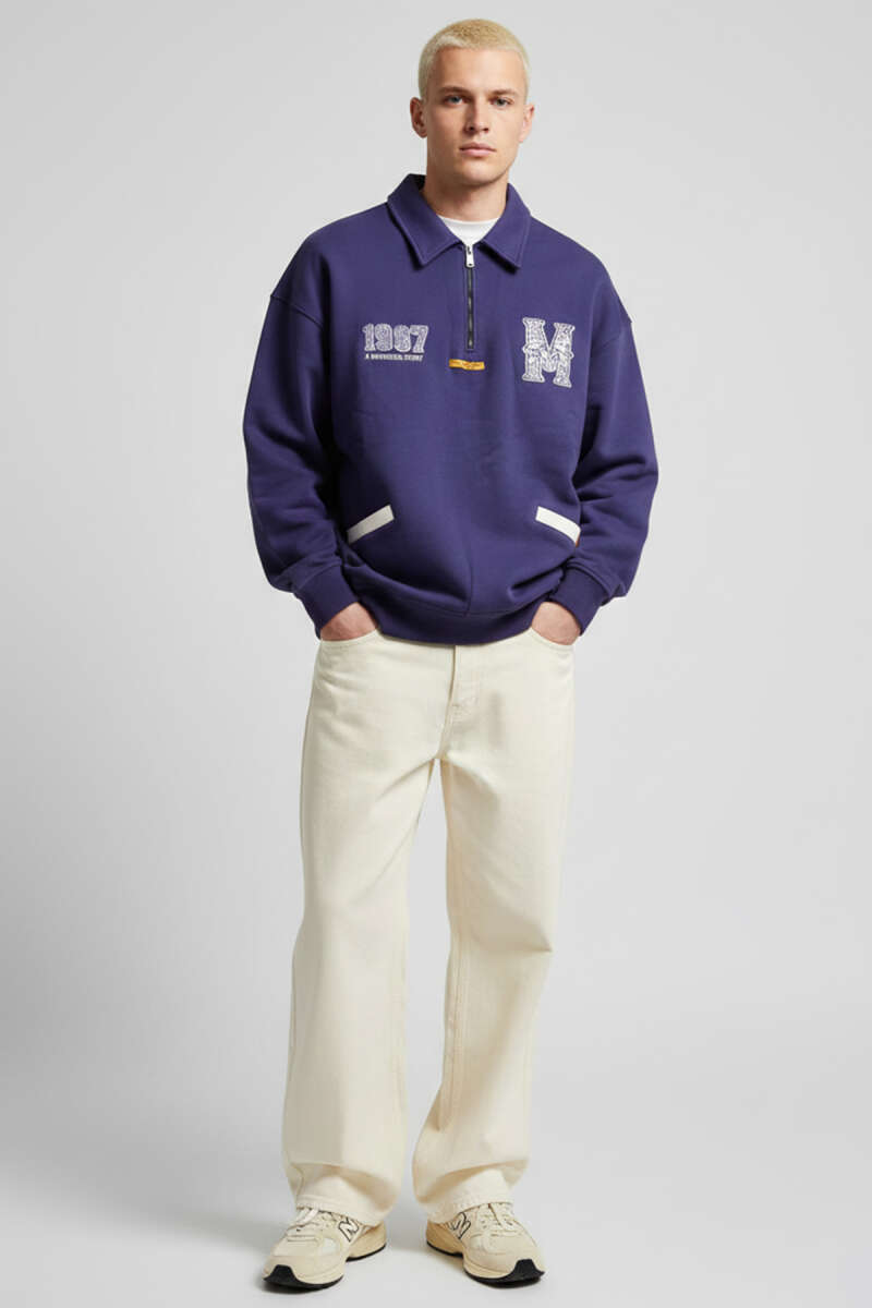 Universal Nakışlı Fermuarlı Erkek Sweatshirt Lacivert