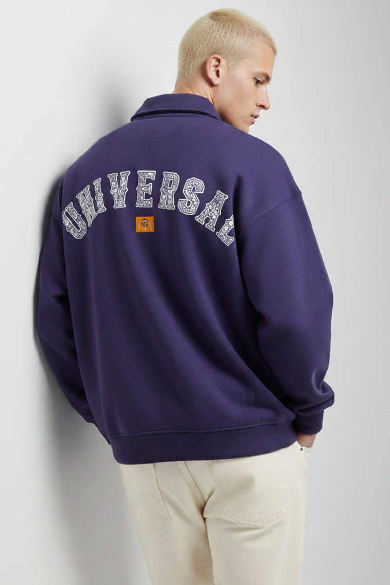 Universal Nakışlı Fermuarlı Erkek Sweatshirt Lacivert