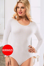 Uzun Kol Açık Yaka Kopçalı Body Kırmızı