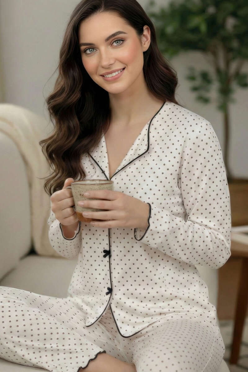 Uzun Kol Önü Kurdeleli Benekli Pijama Takımı Siyah
