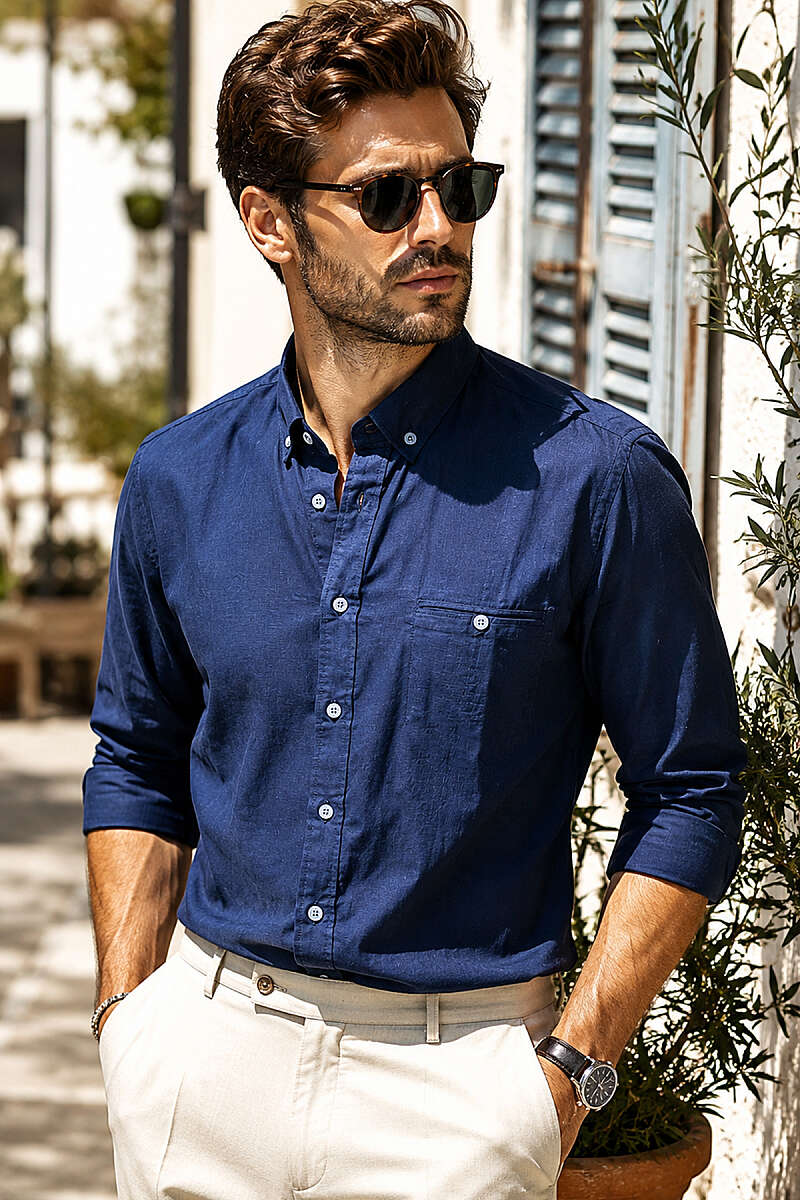 Uzun Kollu Slim Fit Düz Erkek Gömlek Lacivert