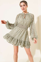 V-Neck Patterned Ruffled Chiffon Mini Dress