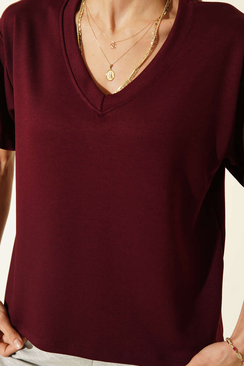 V Yaka Loyşa T-shirt Mürdüm