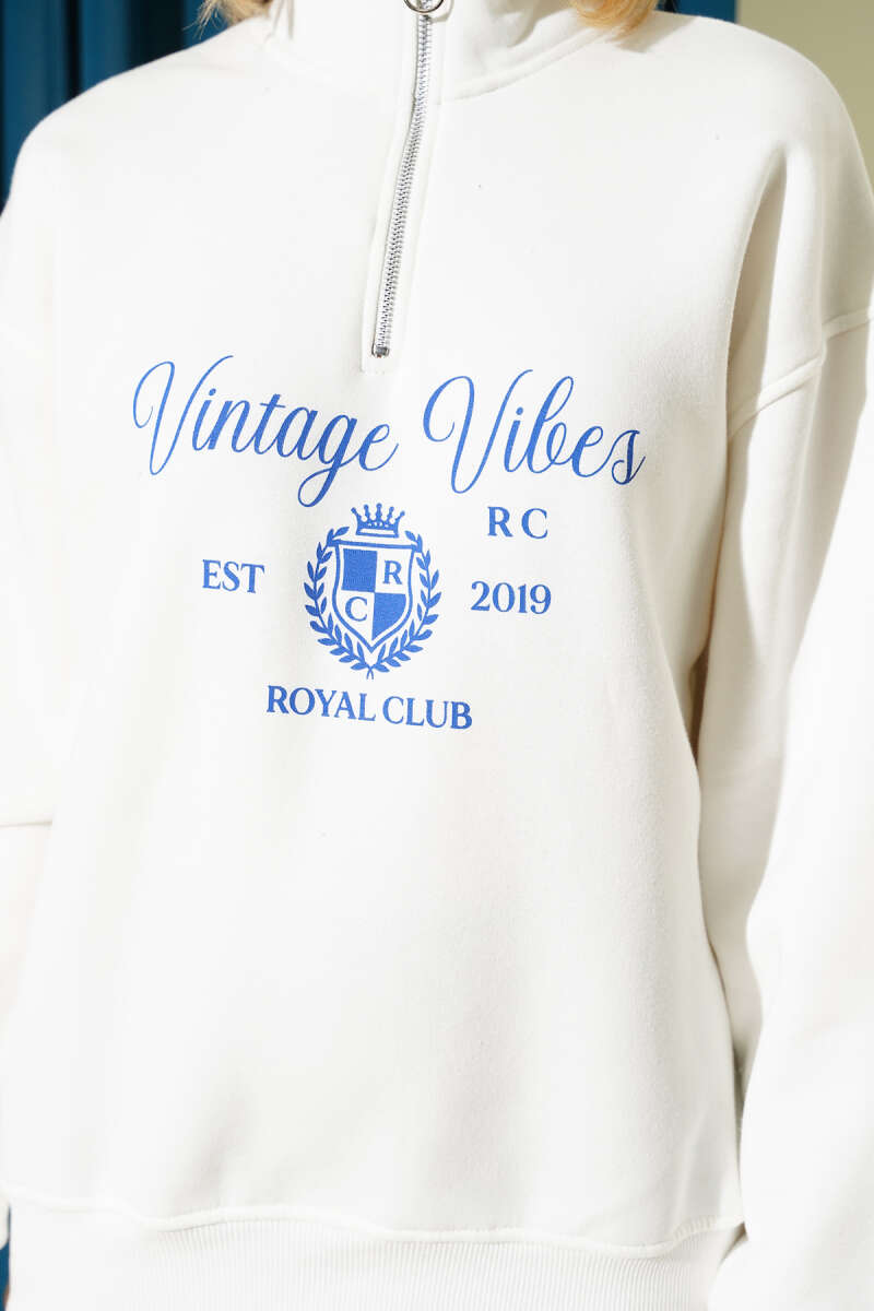 Vintage Baskılı Fermuarlı Üç İplik Sweatshirt