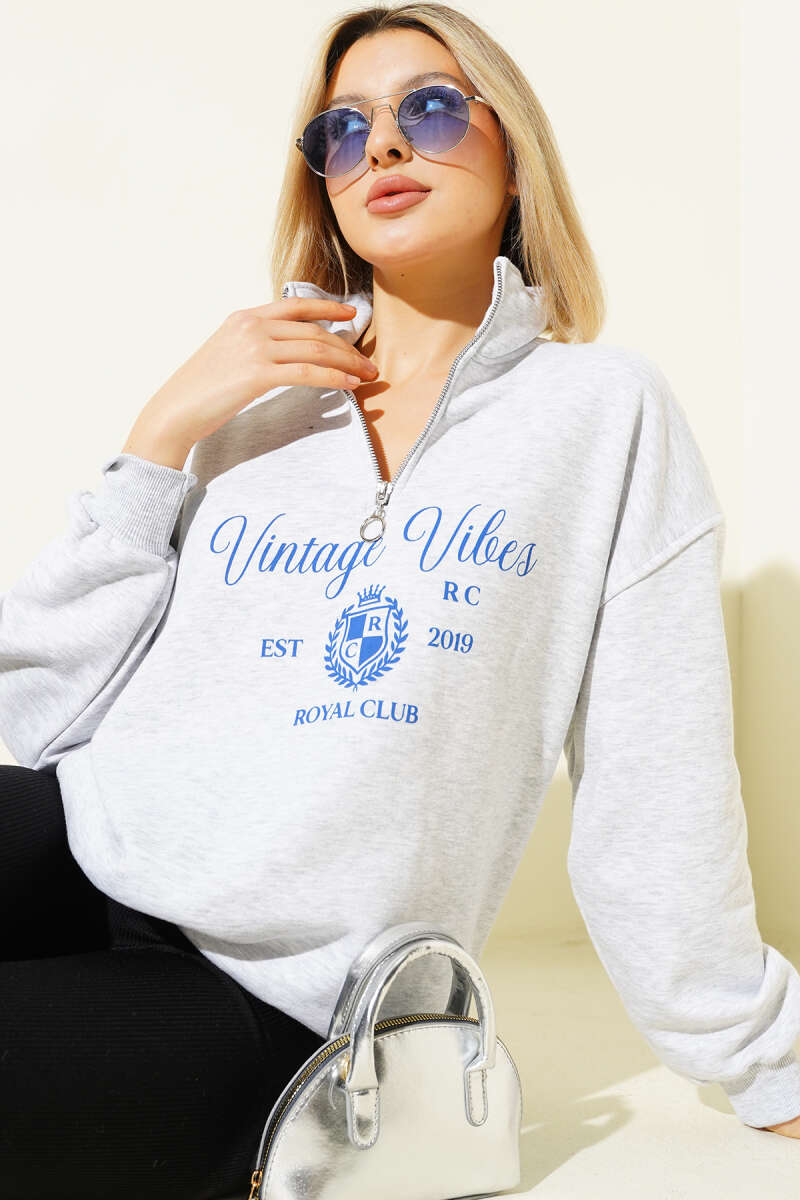 Vintage Baskılı Fermuarlı Üç İplik Sweatshirt Gri