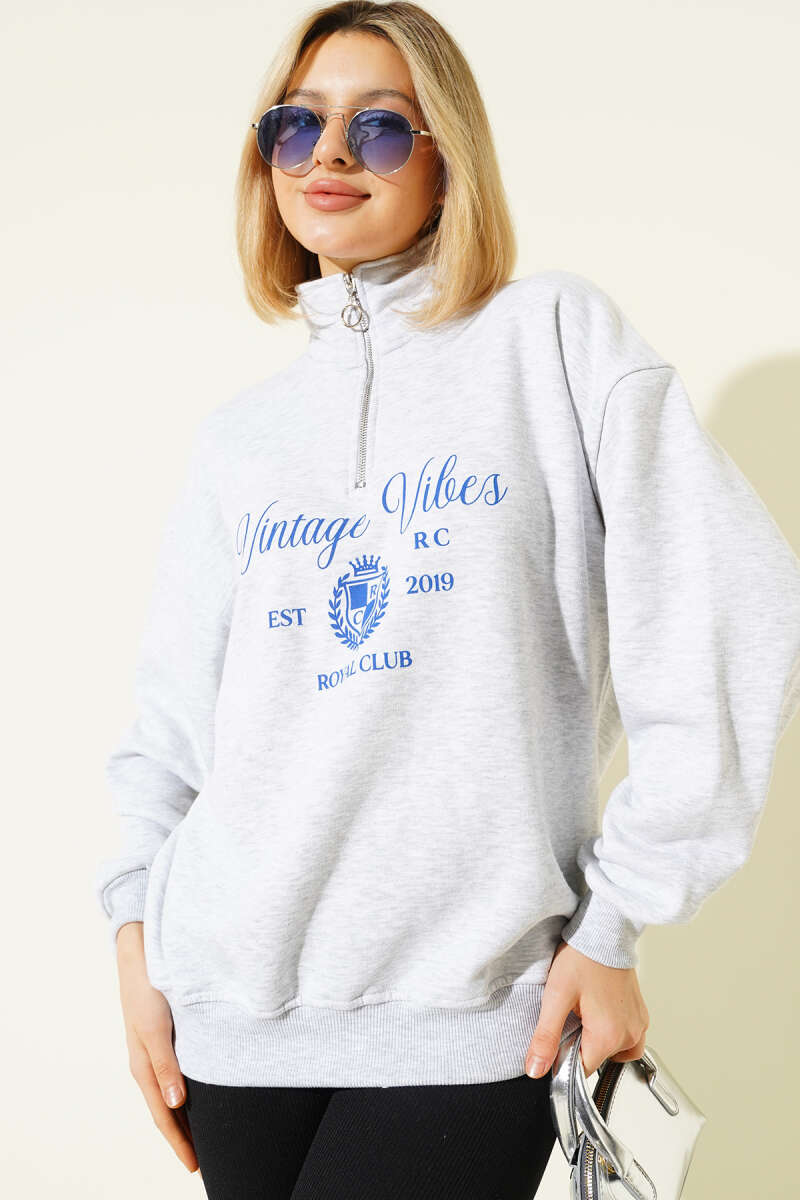 Vintage Baskılı Fermuarlı Üç İplik Sweatshirt Gri