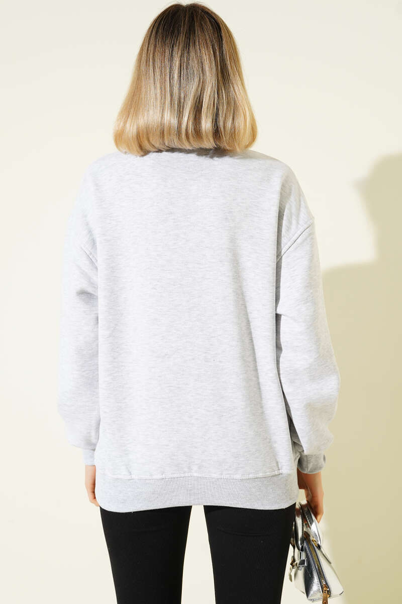 Vintage Baskılı Fermuarlı Üç İplik Sweatshirt Gri