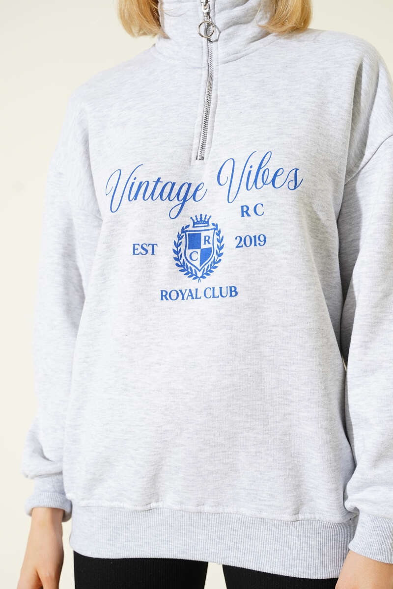 Vintage Baskılı Fermuarlı Üç İplik Sweatshirt Gri