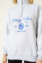 Vintage Baskılı Fermuarlı Üç İplik Sweatshirt Gri