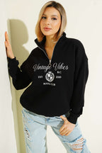Vintage Baskılı Fermuarlı Üç İplik Sweatshirt Siyah