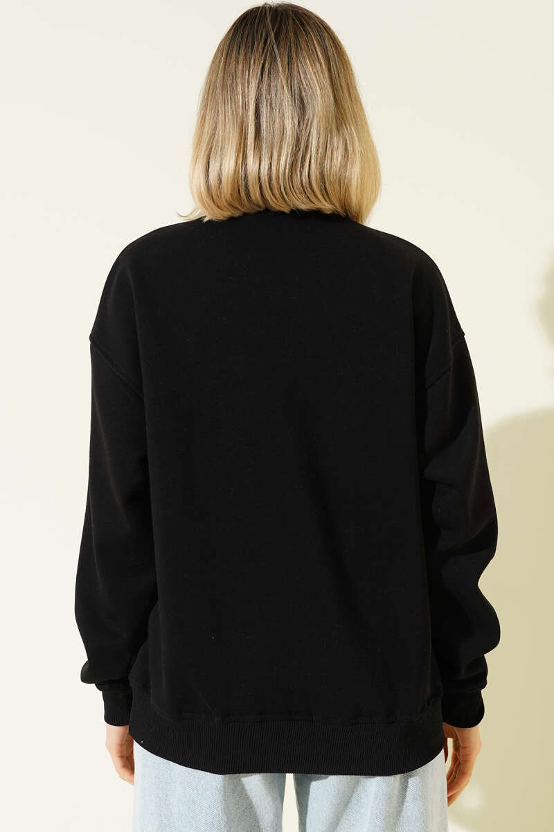 Vintage Baskılı Fermuarlı Üç İplik Sweatshirt Siyah