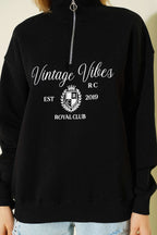 Vintage Baskılı Fermuarlı Üç İplik Sweatshirt Siyah