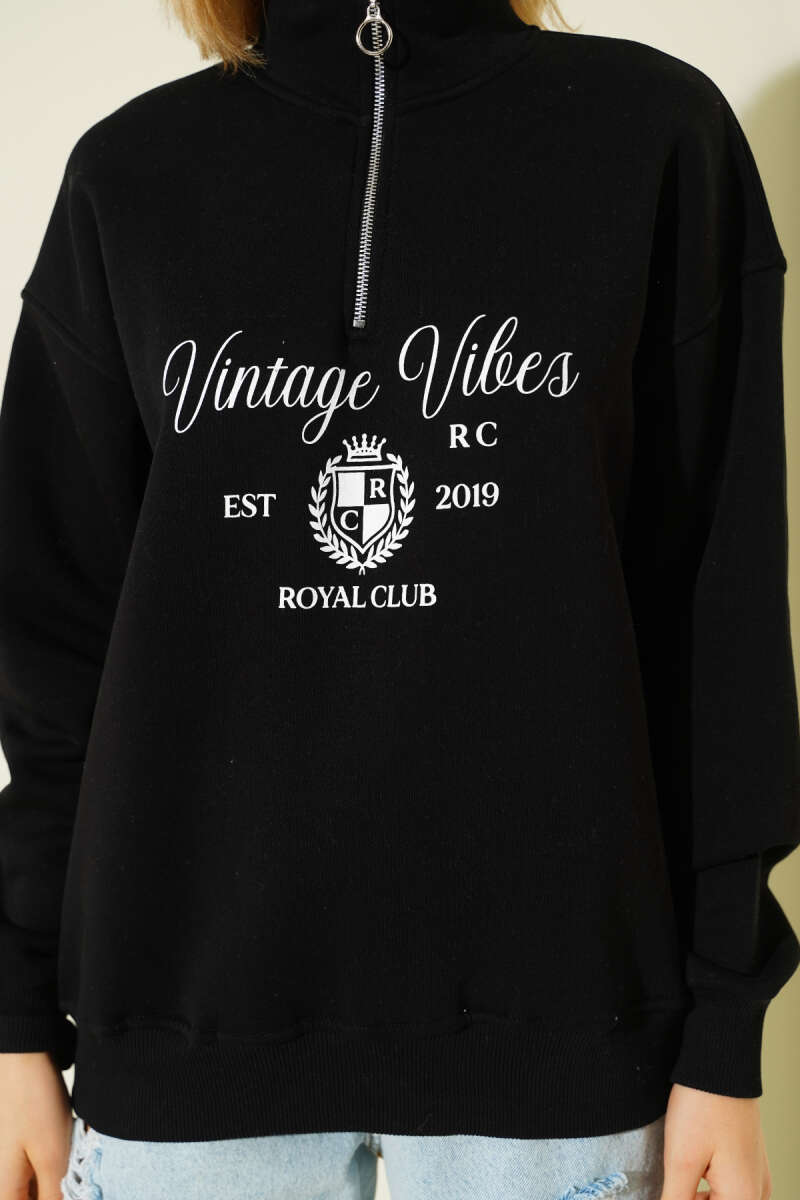 Vintage Baskılı Fermuarlı Üç İplik Sweatshirt Siyah