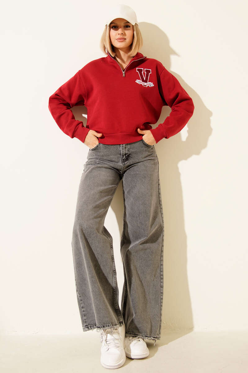 Vintage Baskılı Üç İpli Sweatshirt Kırmızı