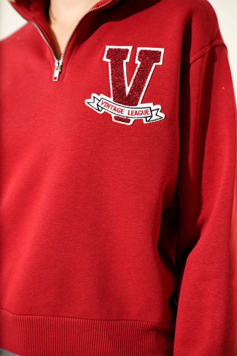 Vintage Baskılı Üç İpli Sweatshirt Kırmızı