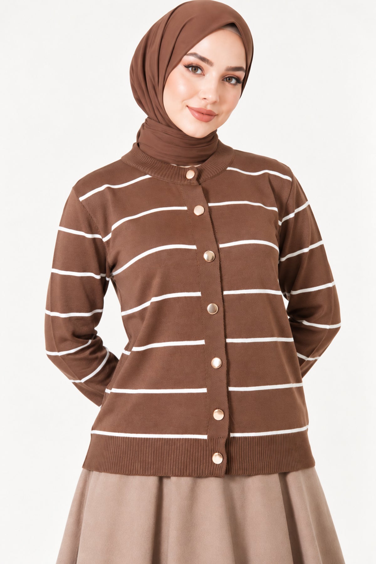 Gold Buttoned Striped Mercerized Cardigan White