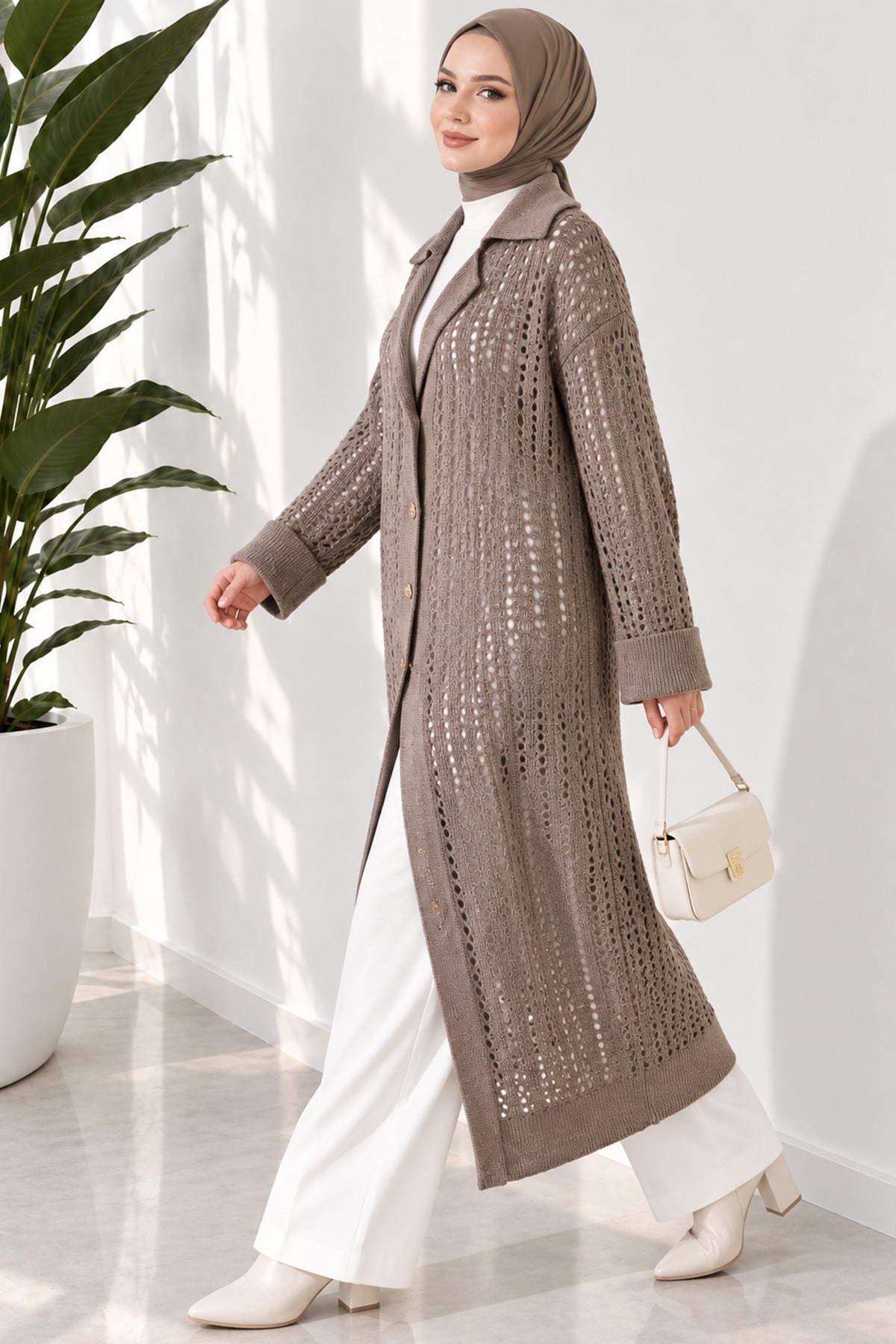 Openwork Button Detailed Knit Cardigan Beige