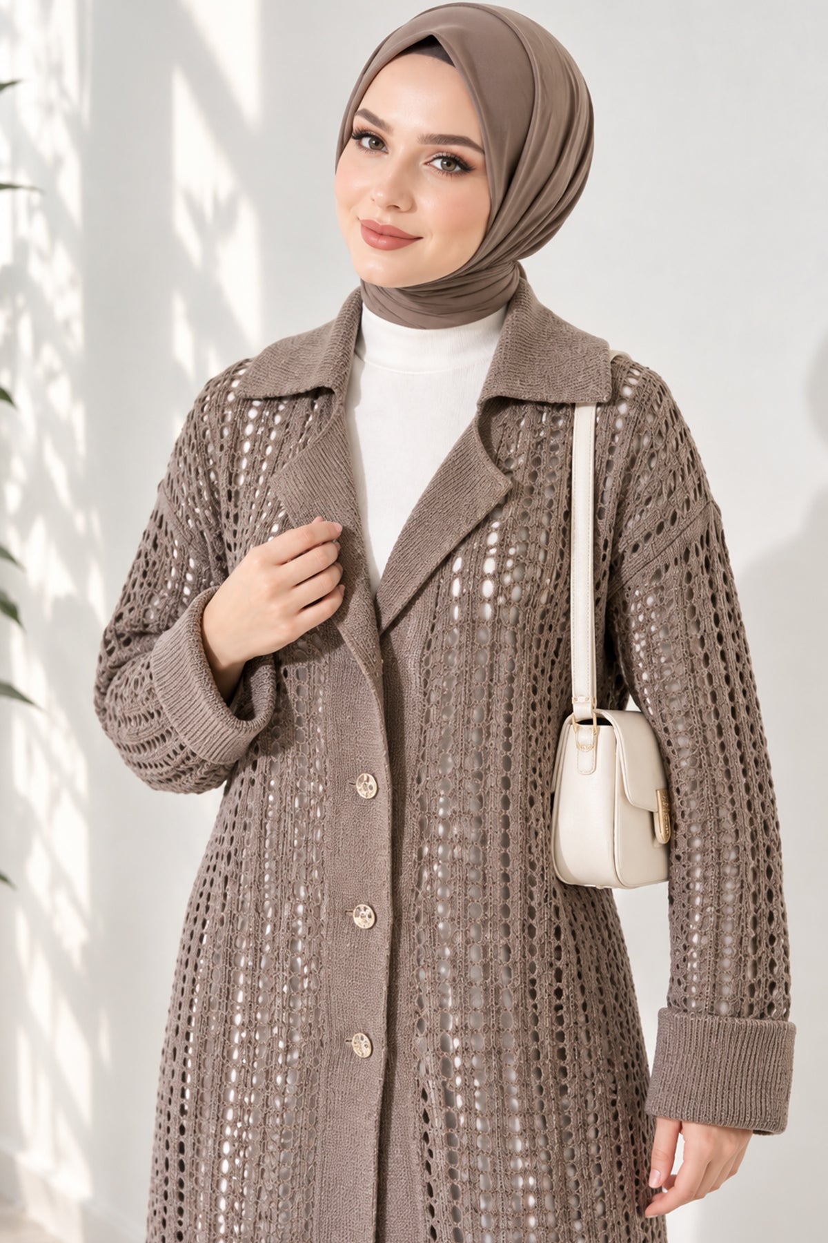 Openwork Button Detailed Knit Cardigan Beige